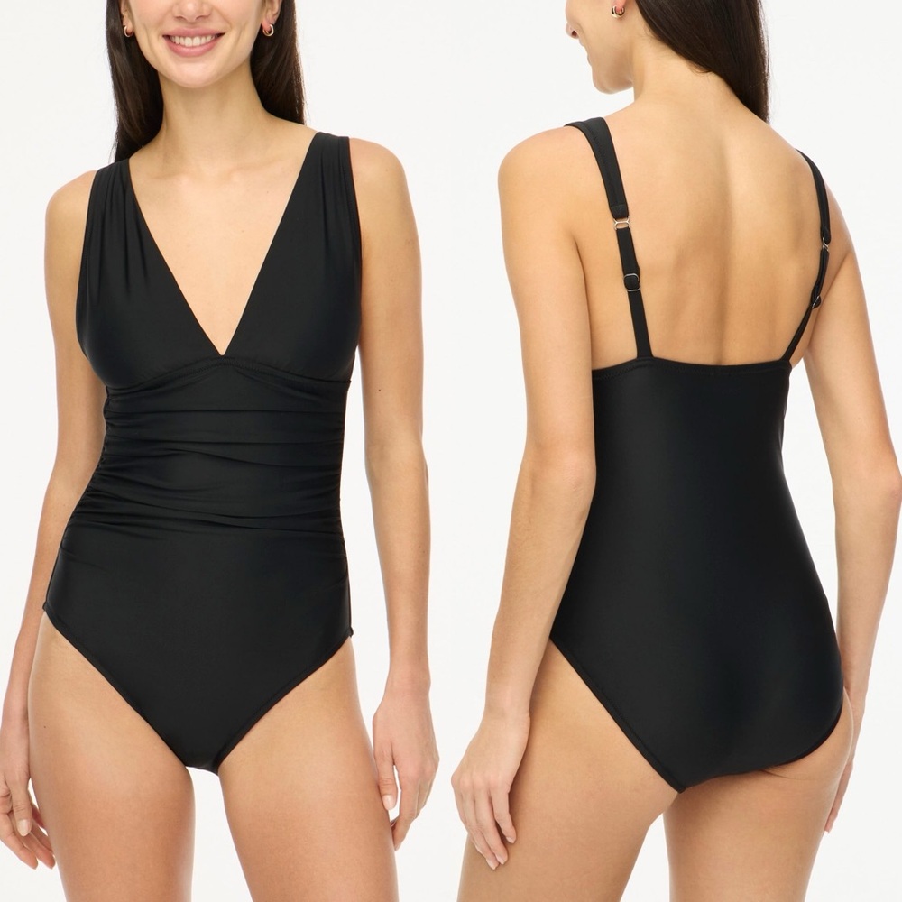 J.Crew Ruched Plunge One Piece Swimsuit Bathing Suit Swim Black NWT $98 Size XXS